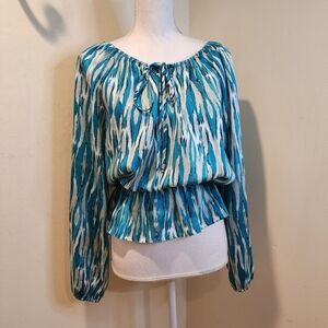 MK Teal and White Patterned Long Sleeves Kwy Hole Blouse Size M